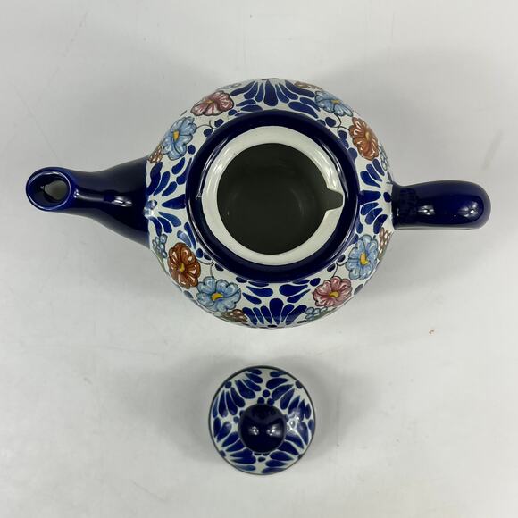 Talavera Pottery Teapot Ansar Puebla Mexico Hand Painted Floral Folk Art 7"x4.5" - Picture 6 of 12
